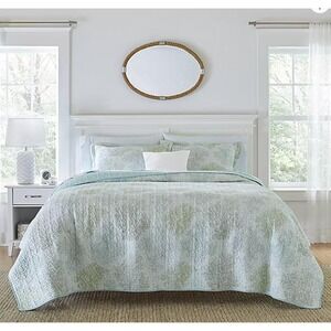 Laura Ashley king Reversible Quilt Blue Green Coral Botanical Polka Dot Coastal